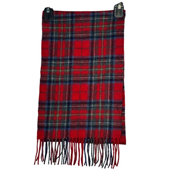 Red 100% Cashmere Luxury Fringe Green Blue Plaid Winter Fall Cozy Warm Scarf - Picture 1 of 7